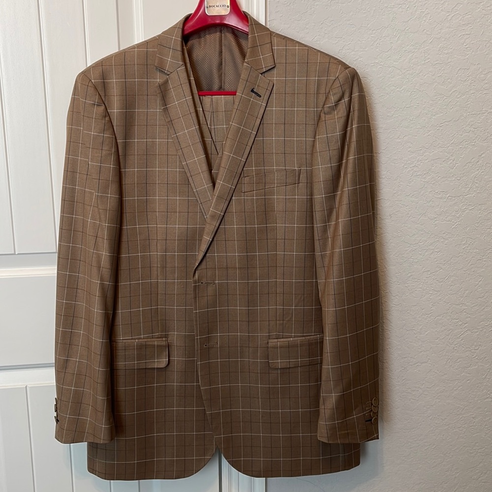 Three piece suit. Tan with Creme, Light Brown, and blue stripes.